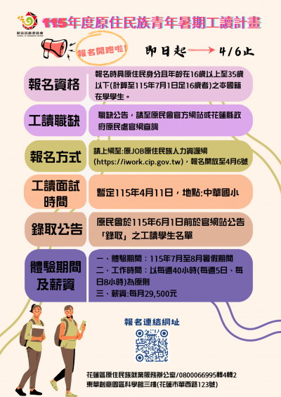 【國際教育】「115年度原住民族青年暑期工讀計畫」(海報).png